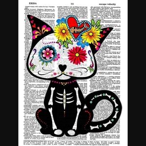 Sugar Skull Kitty Vintage Dictionary Art Print